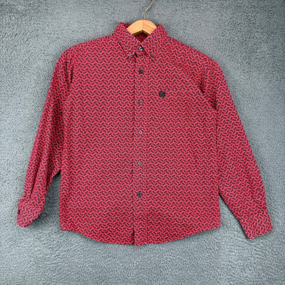 Cinch Boys Red Black Geometric Print Long Sleeve Button Down Shirt Size M 10